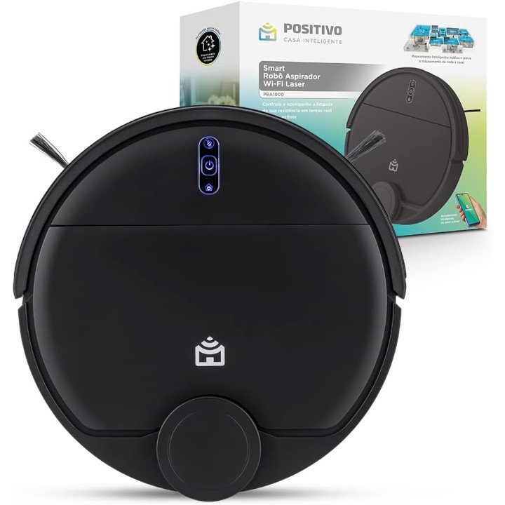 Smart Robô Aspirador Wi-Fi Laser PRA1000 Positivo Casa Inteligente, Mapeamento Inteligente, Varre, Aspira, Passa Pano, Retorna para Base, Controle por voz ou pelo App, Bivolt – Compatível com Alexa