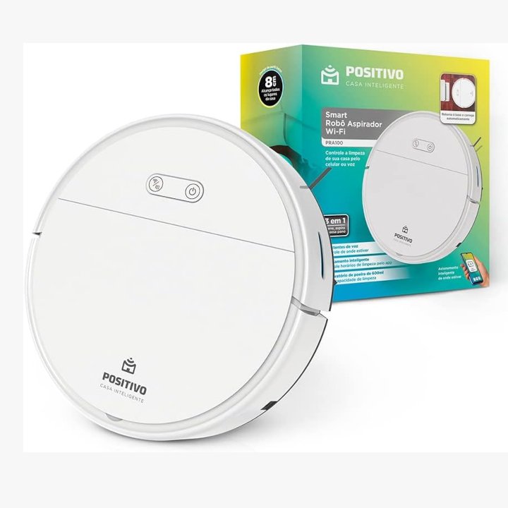 Smart Robô Aspirador Wi-Fi PRA100 Positivo Casa Inteligente, 3 em 1, Varre, Aspira e Passa Pano, Retorna para Base, Controle por Comando de voz ou pelo App, Bivolt – Compatível com Alexa